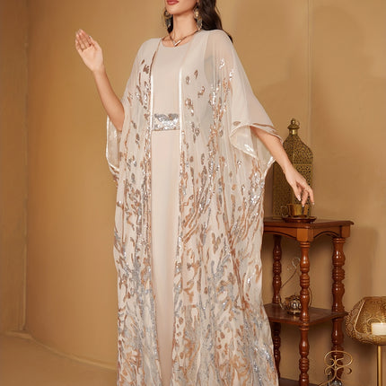 Elegant Directional Non-Positioning Floral Long-Sleeve Sequin Patchwork Dress with a Belt That Can Be Worn