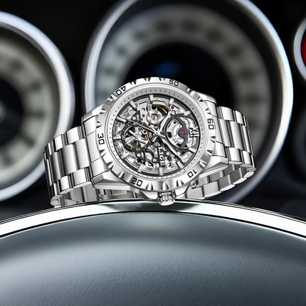 Men'S Mechanical Watch - Elegant Hollow Dial with Stainless Steel Strap,