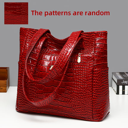 Crocodile Pattern Handbag - Large Capacity, Multi-Pocket Shoulder Handbag with Zipper Closure