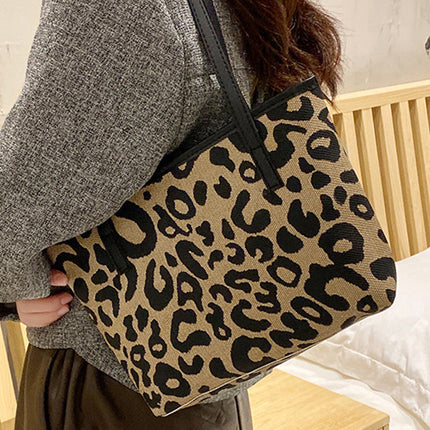 Camel Leopard Print PU Leather Tote Bag