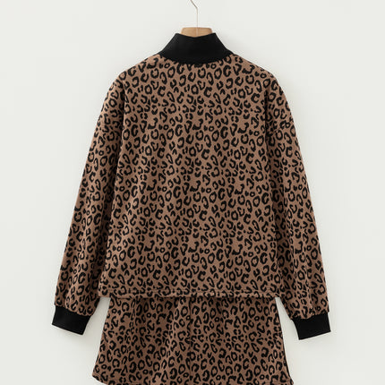 Khaki Leopard Print Quarter Zip Long Sleeve Top Mini Skirt Set