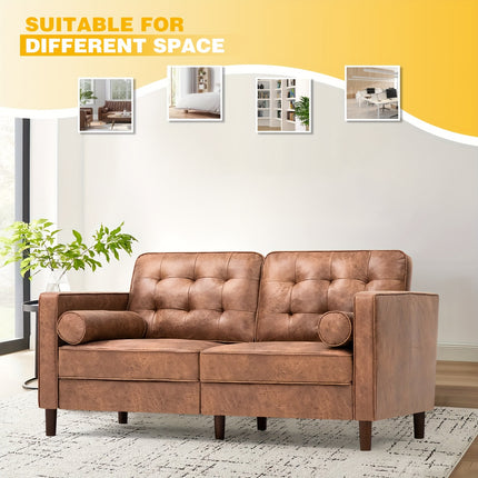 Leather Loveseat Sofa with 2 Bolster Pillows, Modern Two Seat Sofa with Tufted Backrests