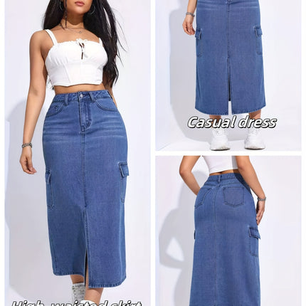Spring Summer Autumn Slit Skirt with Large Pockets, High-Waisted Casual