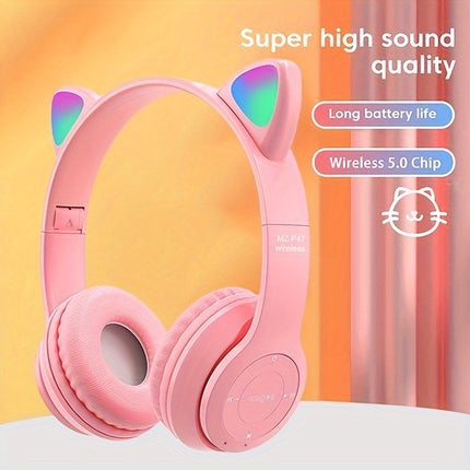 Wireless Headphones, Cat Ears Glow, Foldable Plug-in Card Stereo Headphones Wireless Protocol