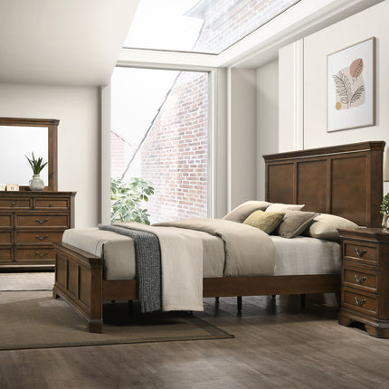 Maderne Traditional Wood Panel Bed with Dresser, Mirror, Nightstand, King size