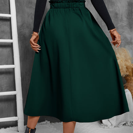 Solid Ruffle Hem Skirt, Elegant Patched Pocket Elastic Waist Loose Midi Skirt For Fall & Winter, Women's Clothing