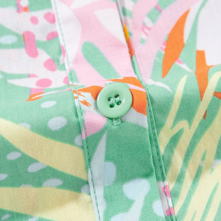 Green Abstract Floral Ruffle Trim Flutter Sleeve Buttoned Dress