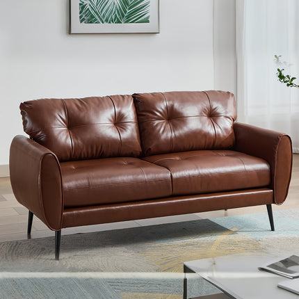 Modern Tufted Mini Sofa Brown Faux Leather, Comfy Office 2-Seat Settee for Small Spaces, Bedroom, Living Room