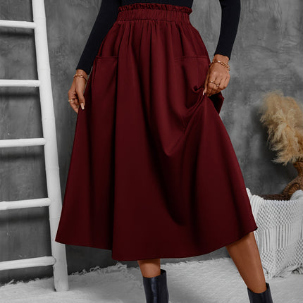 Solid Ruffle Hem Skirt, Elegant Patched Pocket Elastic Waist Loose Midi Skirt For Fall & Winter, Women's Clothing