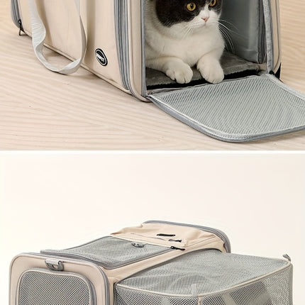Expandable Large-Capacity Cat Carrier - Portable Linen Pet Travel Bag with Zipper Closure for Two Cats, Ideal for Outdoor Use