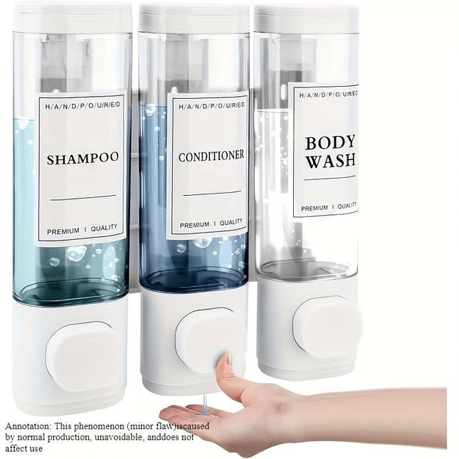 LDQ 3-in-1 Wall Mounted Soap Dispenser - Phthalate-Free ABS Plastic, No Drilling Needed, Shampoo