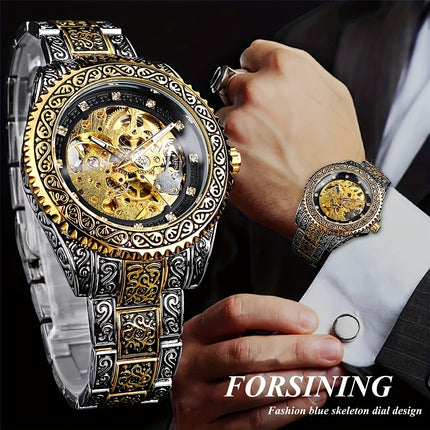 Men'S Vintage Mechanical Watch Luxury Hollow Case with Golden-Tone Dial, Mechanical Movement