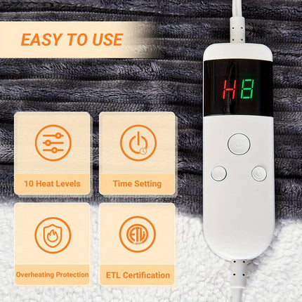 Electric Heated Throw Blanket - Soft Flannel Heating Bedspread with 10 Heat Settings,