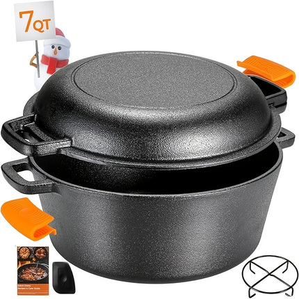 2-in-1 Cast Iron Cookware Set (Dutch Oven + Skillet) - Dual-Purpose Pots And Pans Set for Stove,