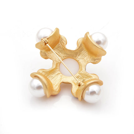 Fashion Colored Glass Pearl Cross Brooch