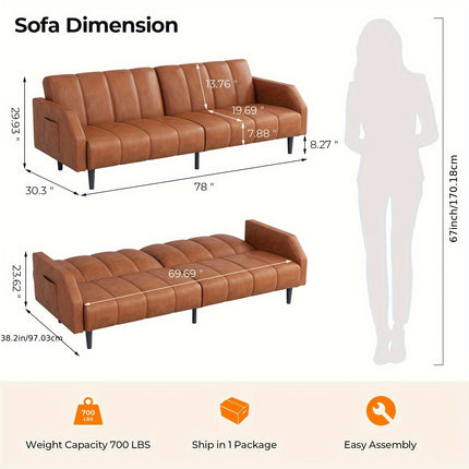Leather Futon Sofa Bed Couch, Piano Key Design 78" Queen Futon Set, Adjustable Backrest