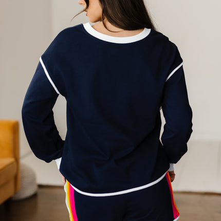 Bluing Colorful Striped Accent Varsity Long Sleeve Pullover and Shorts Matching Set