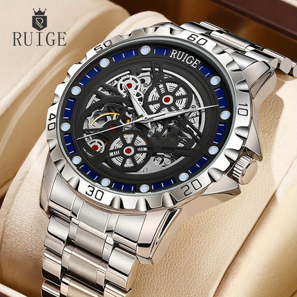 Stylish Men'S Automatic Mechanical Watch with Stainless Steel Strap, Luminous Hands & Hollow Round Dial