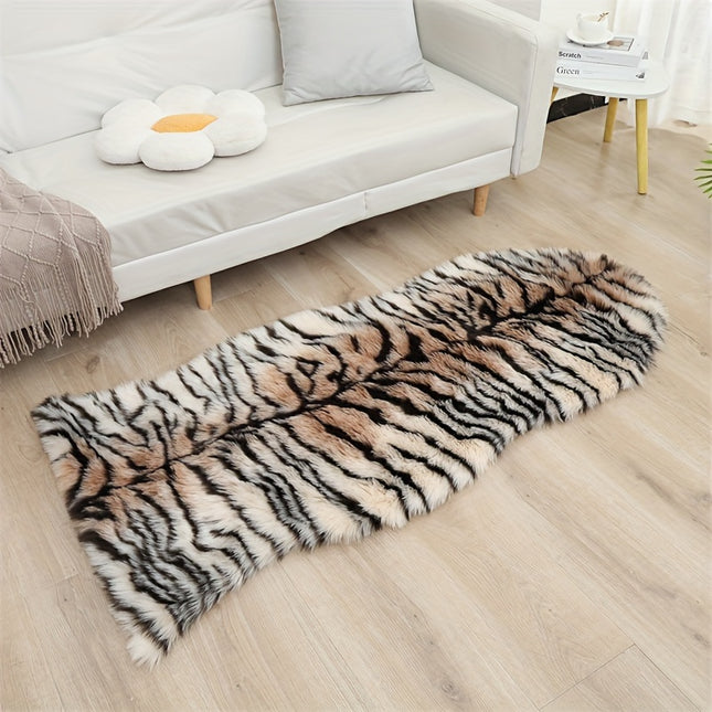 1pc Handmade Tiger Print Area Rug, Medium Pile, Non-Slip Suede Backing, Washable Knitted Polyester