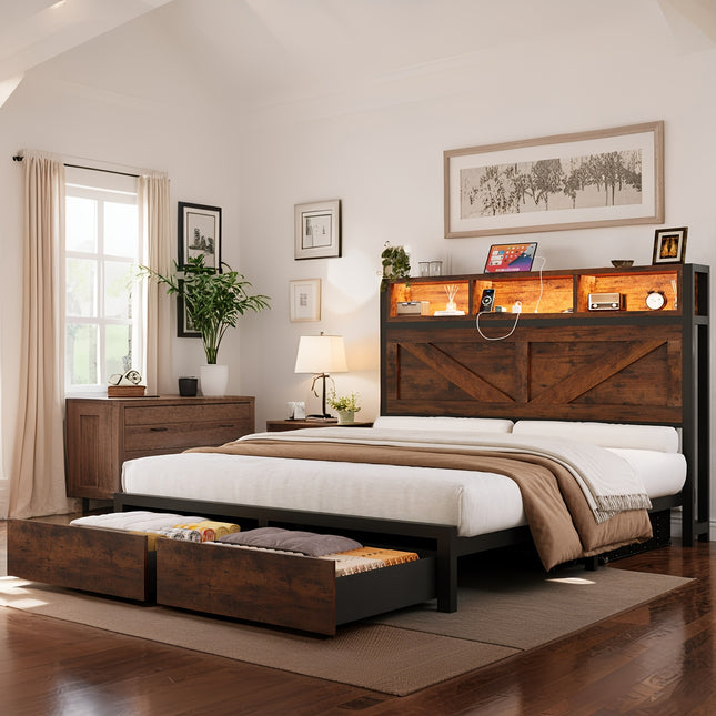 Modern Farmhouse Bed Frame with Storage Headboard