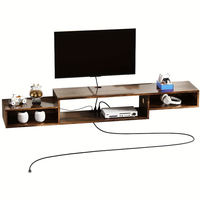 59" Floating TV Stand with LED Lights, Power Outlet & Storage - Wall-Mounted Recycled Wood