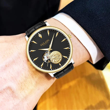 Men'S Sailing Hollow Mechanical Watch with Moon Phase & Calendar - Elegant Black Dial, Golden-Tone Accents