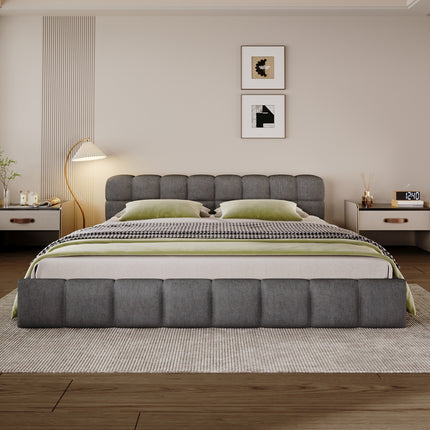King Size Elegant Soft Chenille Upholstered Bed with Checkerboard Headboard - Frame Bed