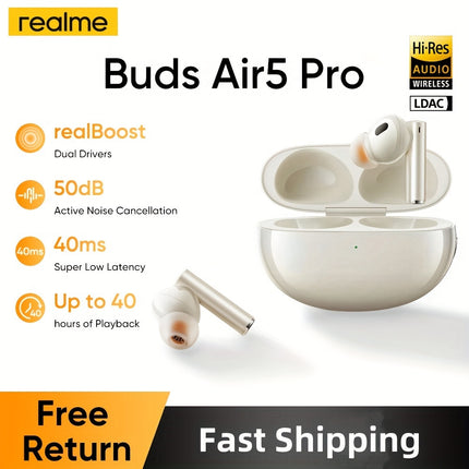 Buds Air 5 Pro Wireless Headphones, realBoost Dual Drivers, Up to 40 Hours of Playback,