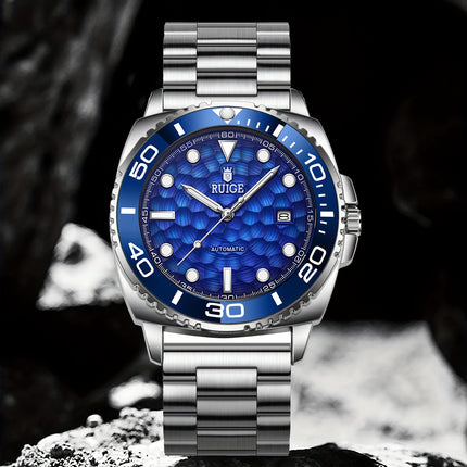 Men's Luxury Automatic Mechanical Watch with Date Chronograph - Stainless Steel Blue Dial Dress Watch,