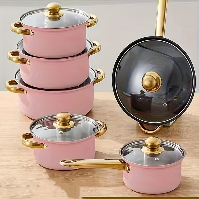 12-Pieces Stainless Steel Cookware Set - Induction Ready, Dual-Handled With Glass Lids