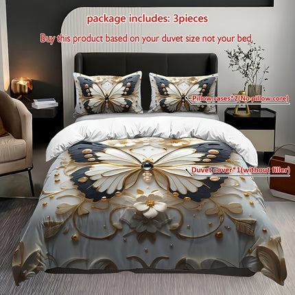 3pcs Butterfly Floral Duvet Cover Set, Animal Print, Insect Theme, Breathable Polyester, All-Season, Machine Washable, with 1 Duvet Cover and 2 Pillowcases, Digital Print Craftsmanship, No Insert for Bedding