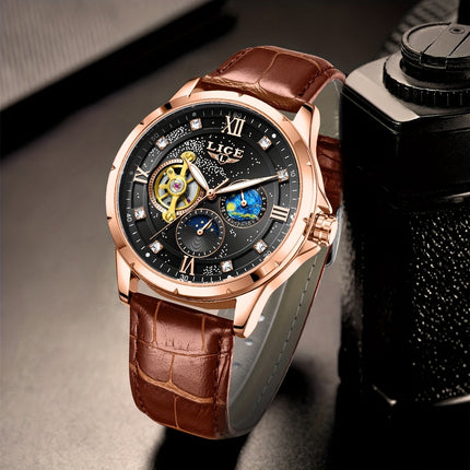 Men'S Luxury Mechanical Watch | Business Style, Mixed Color, Rhinestone Inlay, Transparent Bottom Cover,