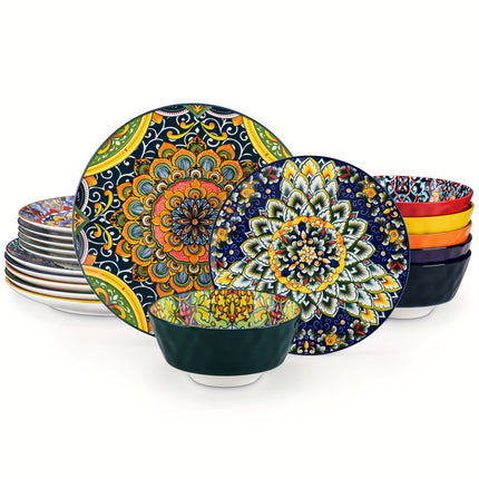 18pcs Porcelain Bohemian Style Dinner Set | Includes Dinner Plates, Dessert Plates, Cereal Bowls,