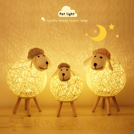 LED Sheep Night with Hand-Woven-Style Lampshade - Cute Kawaii Sheep Bedside Lamp