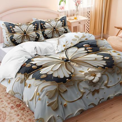 3pcs Butterfly Floral Duvet Cover Set, Animal Print, Insect Theme, Breathable Polyester, All-Season, Machine Washable, with 1 Duvet Cover and 2 Pillowcases, Digital Print Craftsmanship, No Insert for Bedding