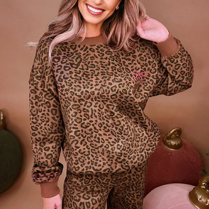 Coffee Leopard Print Contrast Trim Long Sleeve Top and Pants Set
