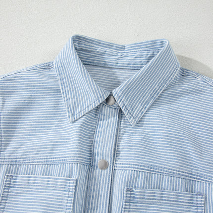 Sky Blue Stripe Collared Button Front Sleeveless Denim Mini Dress