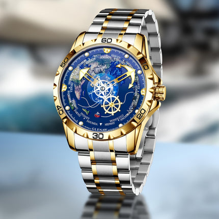 Men's Automatic Mechanical Watch - Navy Blue Dial with Golden Hands, Compass Rose Steering Wheel