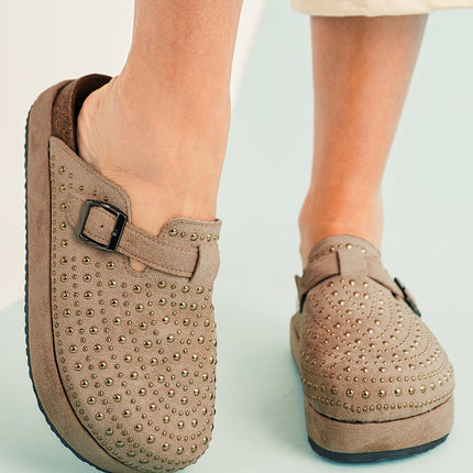 Parchment Rivet Buckle Closed Toe Platform Slippers
