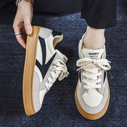 Men's Retro Skate Shoes - Low-Top Lace-Up Sneakers in Black/White/Beige colorblock