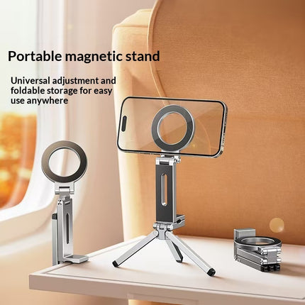 Portable magnetic stand with adjustable arm and base on a surface.