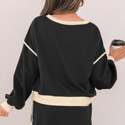 Black Color Contrast Loose Pullover and Lace-up Waist Skort Set