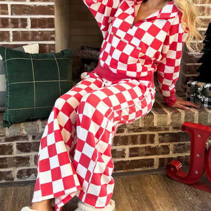 Red Checkered Print Half Zip Hoodie Loose Pant Set