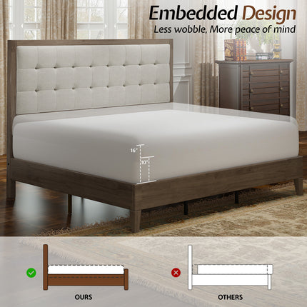 Wooden Bed Frame, High Upholstered Tufted Headboard, Sturdy Wood Platform, No Box Spring Required