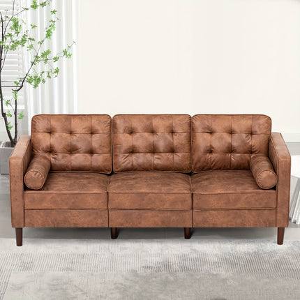 Leather Couch Featuring 2 Bolster Cushions, Contemporary Three-Seater Sofa with Tufted Backrests