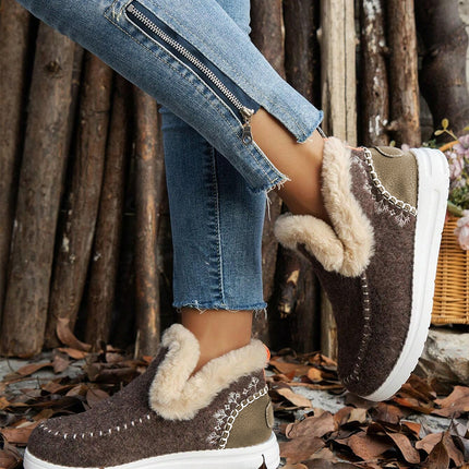 Coffee Suede Stitching Patchwork Plush Lined Anklet Boots