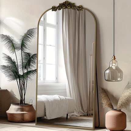 71"x28" Freestanding Arched Mirror with Carved Metal Frame & Bottom - No Assembly Required