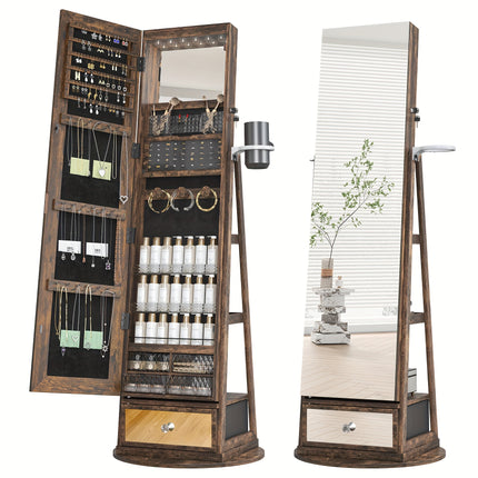 LED Lights, Full Length Mirror Cabinet Standing, Jewelry Organizer Storage, Foldable Makeup Shelf