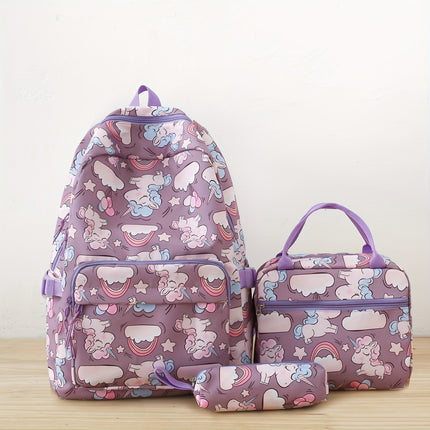 Cartoon Nylon Print Backpack, Campus Lightweight Large Capacity Student Bookbag Three-Piece Set