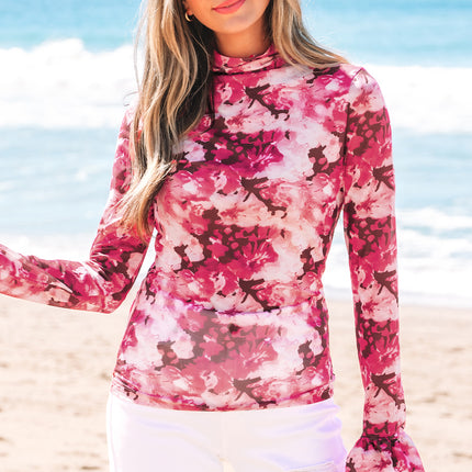 Rose Floral Mesh Flounce Sleeve Mock Neck Blouse